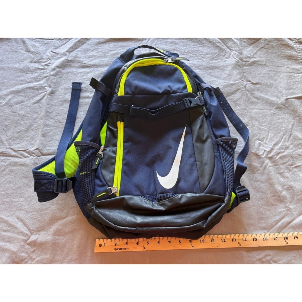 Nike Athletic Backpack Navy Blue Neon Volt Yellow Swoosh Gym School Bag